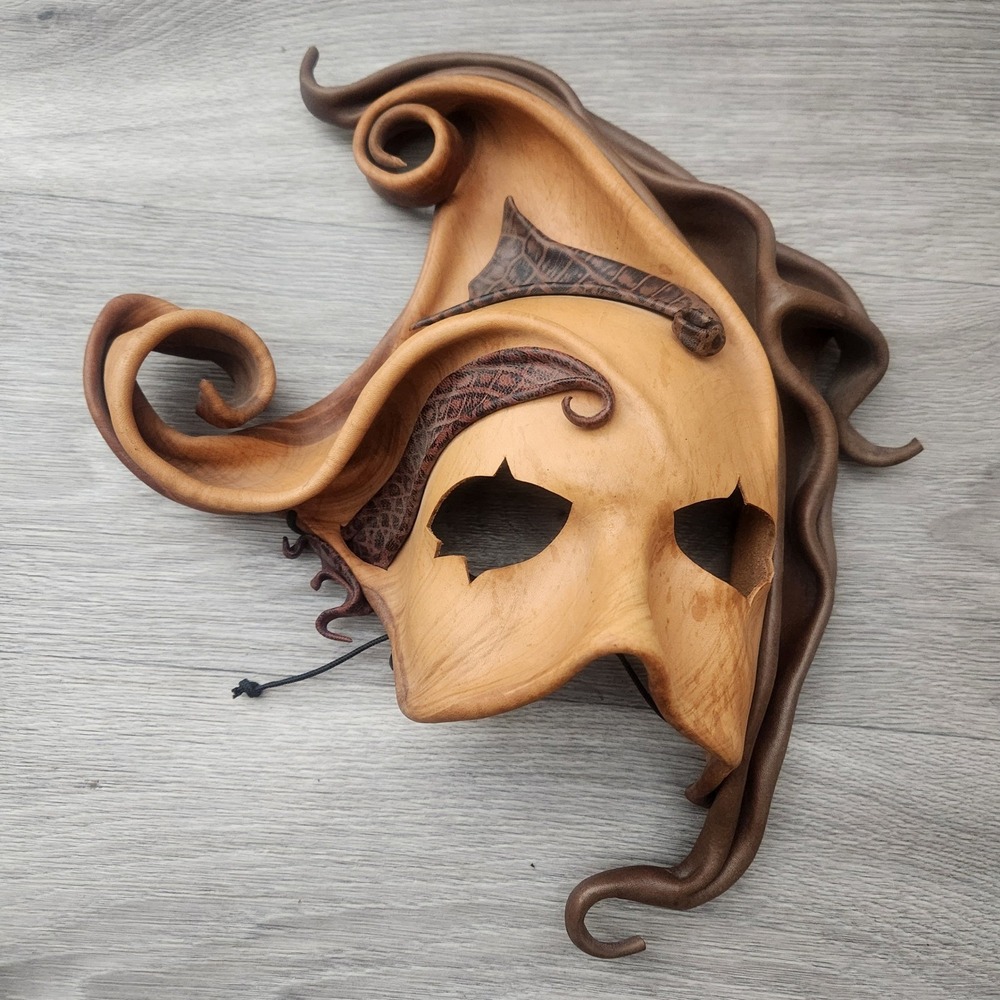 Handmade Leather Masquerade Mask Fantasy Cosplay Brown Sculptural Artistic Art